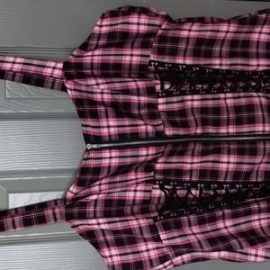 Hot Topic Pink and Black Double Lace up Plaid Corset Top
